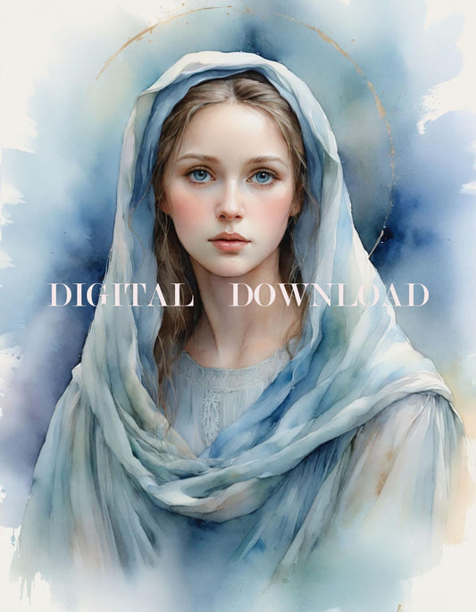 Our Lady Blessed Mother Mary Watercolor Style DIGITAL DOWNLOAD Religious Art Print Christian
