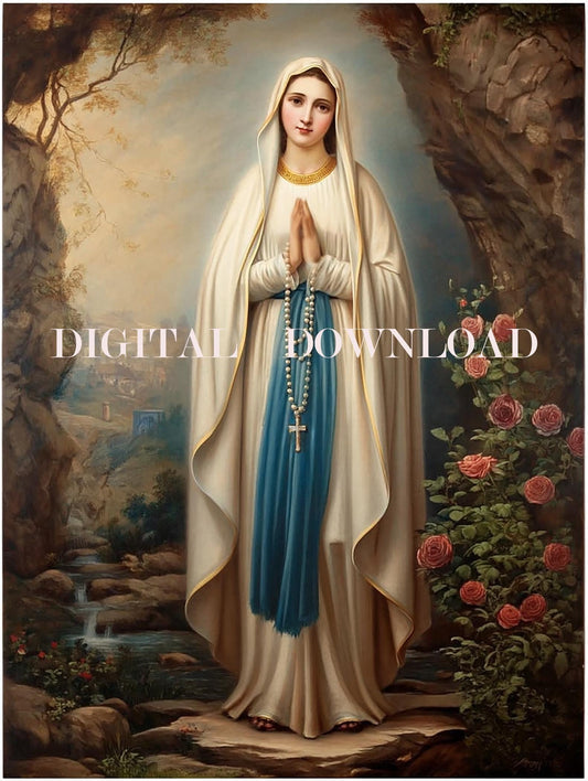 Mother Mary Our Lady of Lourdes Catholic DIGITAL DOWNLOAD Religious Art Print Christian