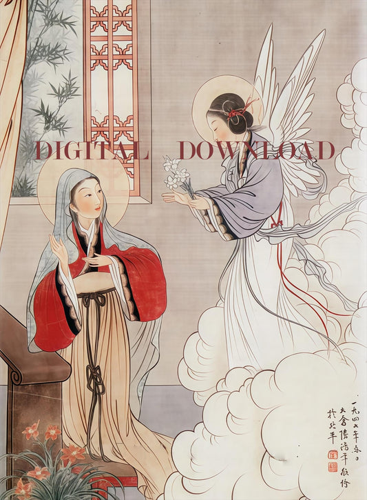 The Annunciation Mother Mary Chinese DIGITAL DOWNLOAD Religious Art Print Christian