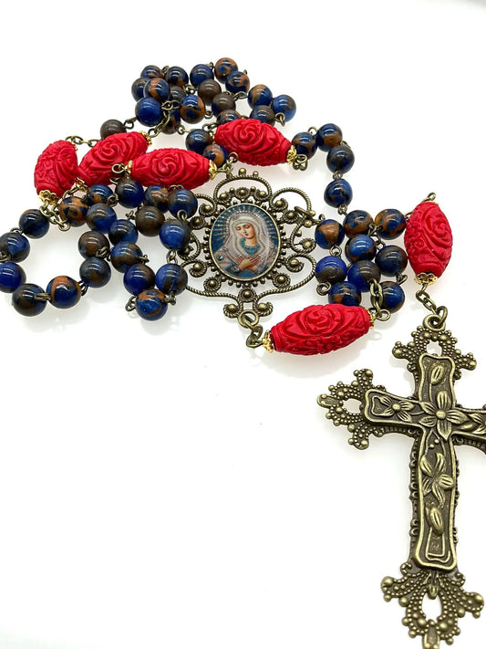 Rosary Our Lady Mary Lapis Lazuli and Cinnabar Beads