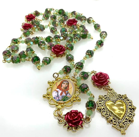 Rosary St Dymphna Lampwork Beads Gold Tone Sacred Heart with Roses
