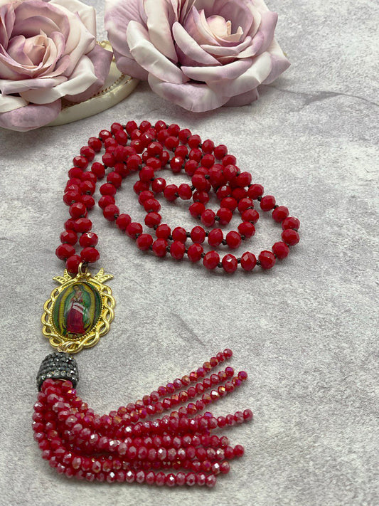 Our Lady of Guadalupe Necklace Dark Red Czech Glass Beads - Long Knotted Catholic Necklace Sautoir - Virgin Mary Pendant and Tassel
