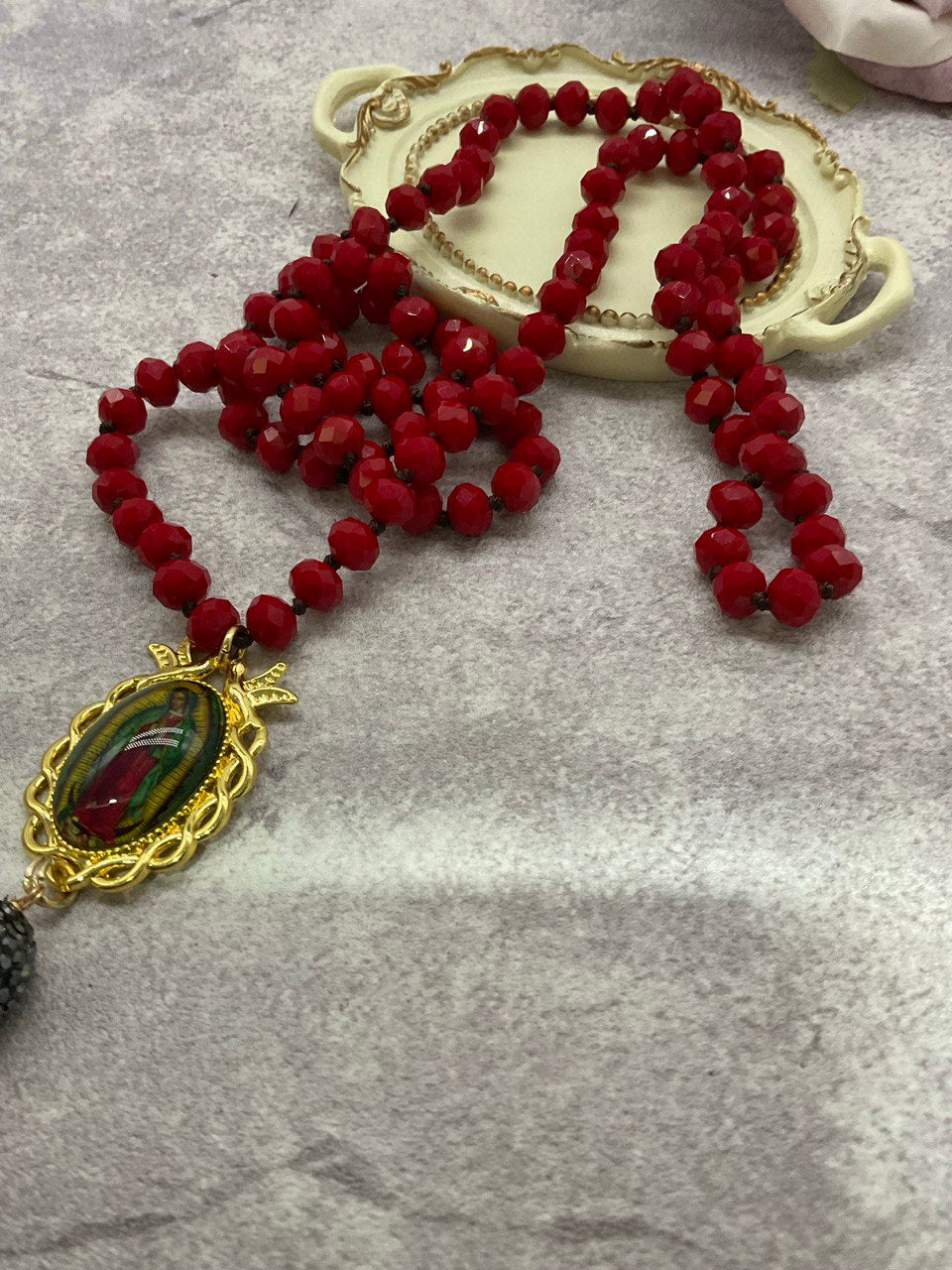 Our Lady of Guadalupe Necklace Dark Red Czech Glass Beads - Long Knotted Catholic Necklace Sautoir - Virgin Mary Pendant and Tassel