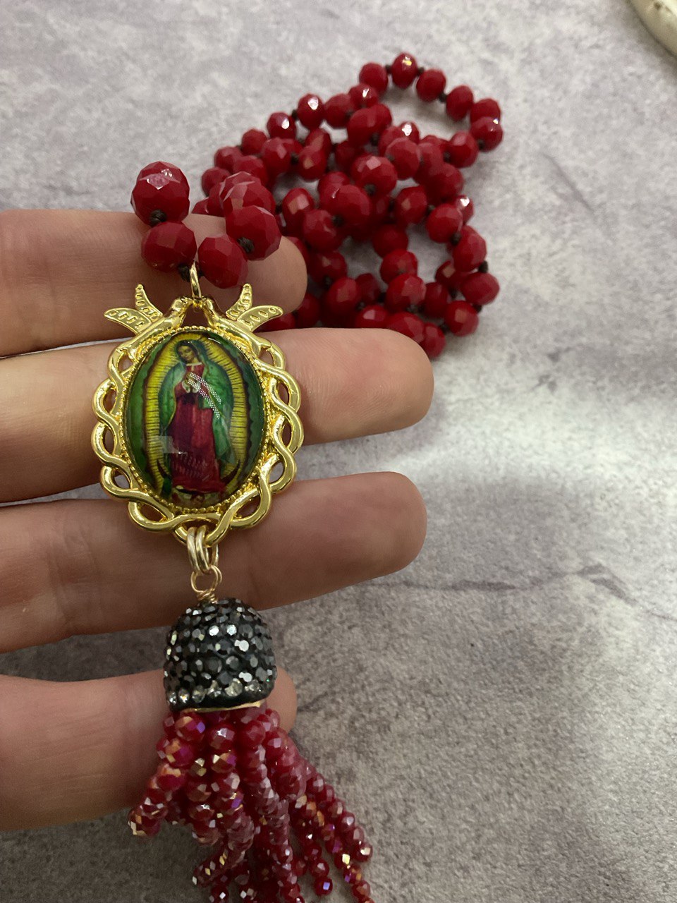 Our Lady of Guadalupe Necklace Dark Red Czech Glass Beads - Long Knotted Catholic Necklace Sautoir - Virgin Mary Pendant and Tassel