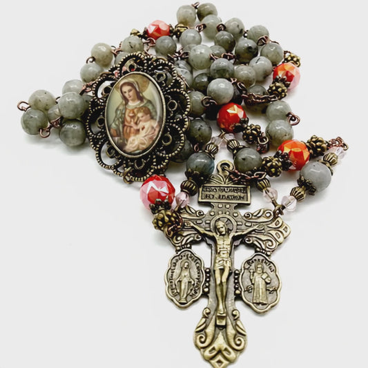 Immaculate Heart Mary and Baby Jesus Rosary Labradorite Beads Bronze Pardon Crucifix