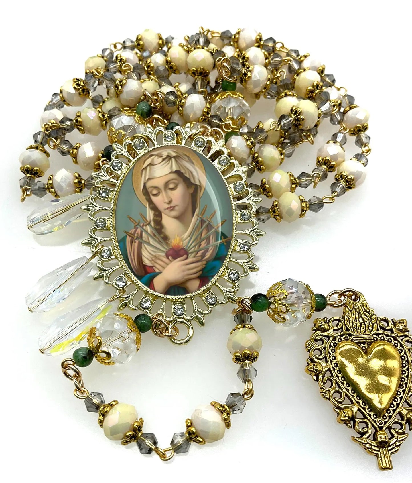 Our Lady of Sorrows Rosary - Gold Tone Sacred Heart Tears Drops
