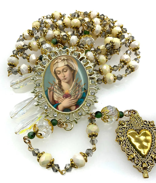 Our Lady of Sorrows Rosary - Gold Tone Sacred Heart Tears Drops