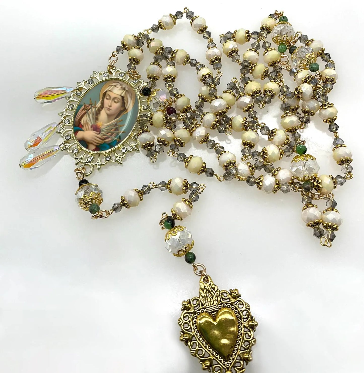 Our Lady of Sorrows Rosary - Gold Tone Sacred Heart Tears Drops