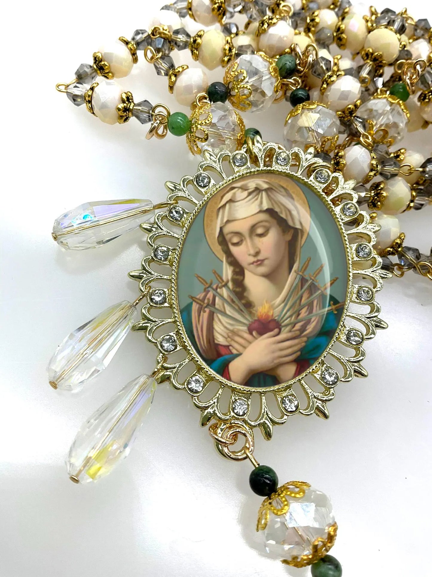 Our Lady of Sorrows Rosary - Gold Tone Sacred Heart Tears Drops